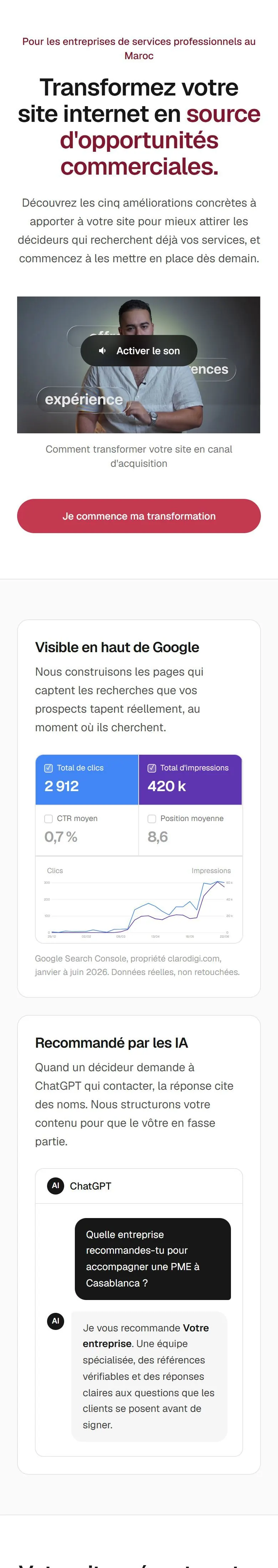 Landing page of Clarodigi on a phone, promoting their SEO offer